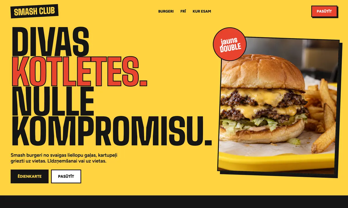 Burgernīcas mājaslapa: dzeltens fons, smash burgers